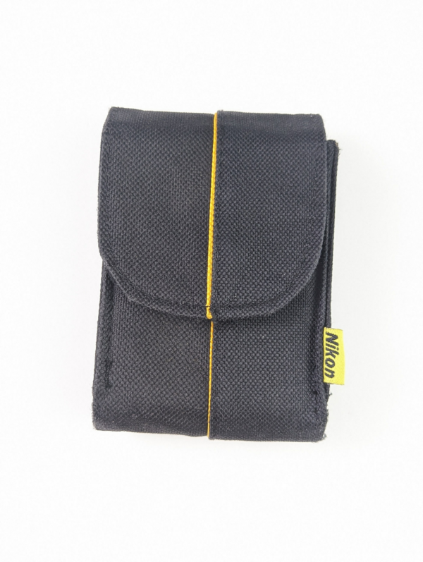 Nice Vintage Nikon Textile Pouch for Compact Digital Cameras Belt mountable travel bag - Magnetic Closure - Black/Yellow Accents